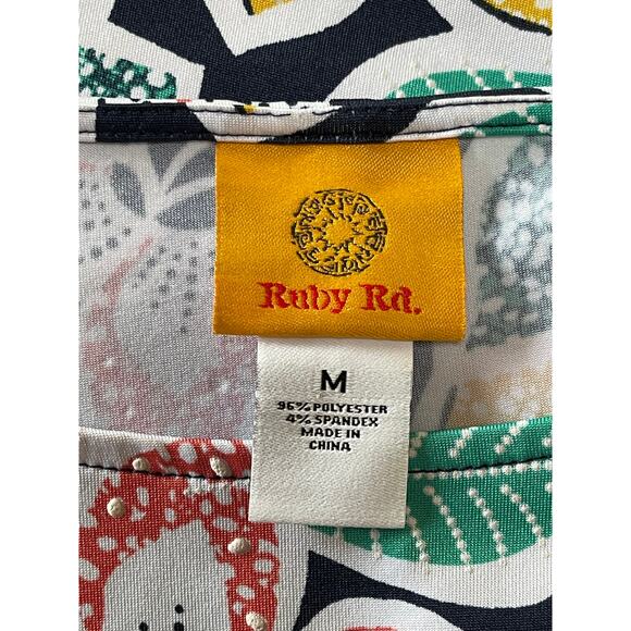 Womens Ruby Rd. Red Green Yellow Floral Dot Embossed Tropical Dress Size Medium - Picture 6 of 8